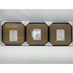 Set of three Royal Mail David Bowie limited edition album stamp prints, comprising Aladdin Sane, Blackstar and Earthling, all framed and in original packaging, H43cm W43cm