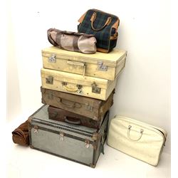 Selection of vintage luggage, comprising metal trunk, steamer trunk, and eight suitcases of various sizes, etc.