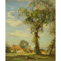  Robert Hope (Scottish 1869-1936): 'Near East Linton' East Lothian, oil on canvas laid on panel signed, titled on the slip 30cm x 25cm  