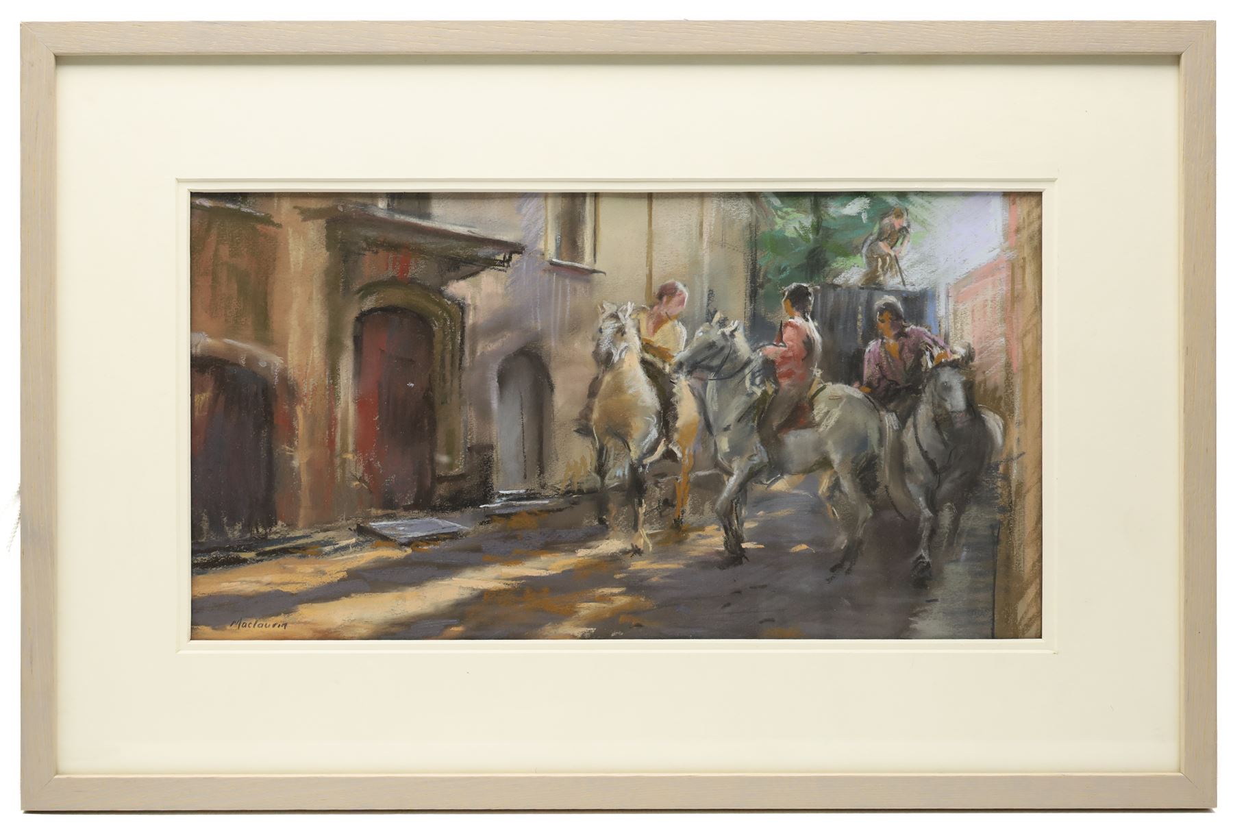 Pat Maclaurin (British 1933-2022): 'Camargue Ponies', pastel signed 25cm x 48cm