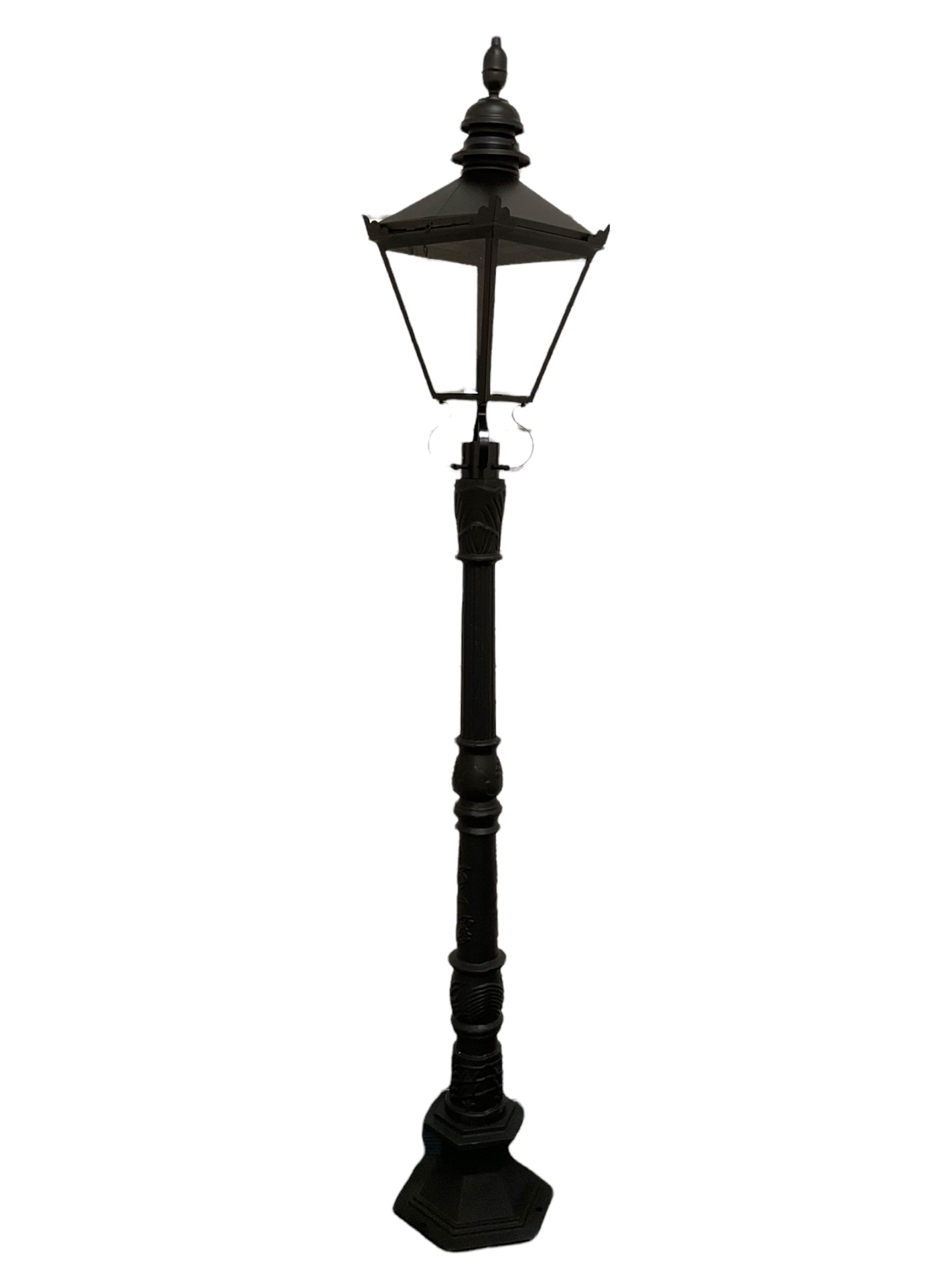 Victorian style cast iron street lamp, fluted column with hexagonal base, four glass lantern top