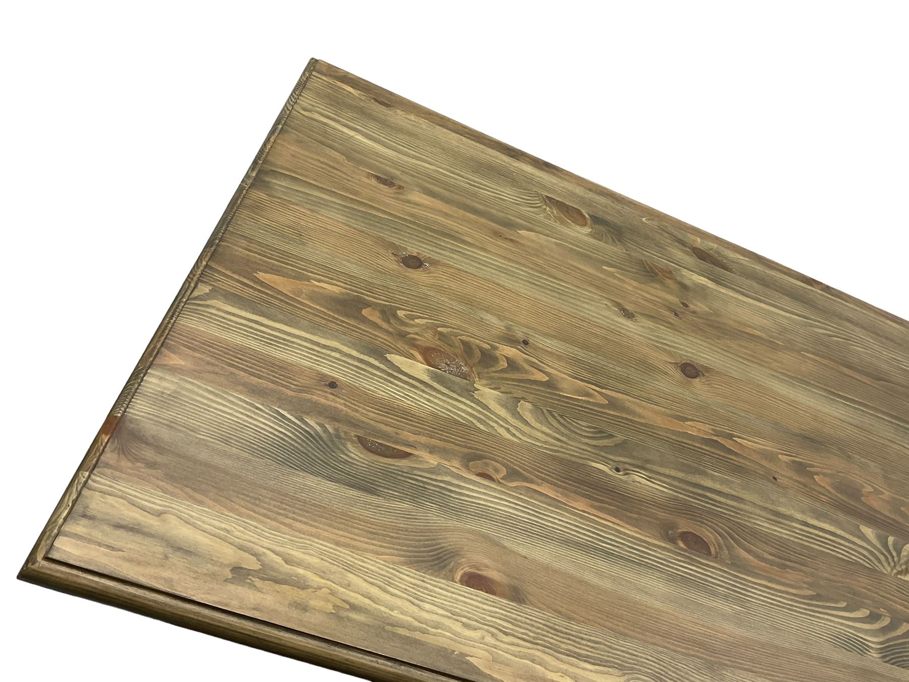 Pine kitchen dining table, rectangular moulded top on painted base, square tapering supports (180cm x 85cm, H78cm); and two matching benches 