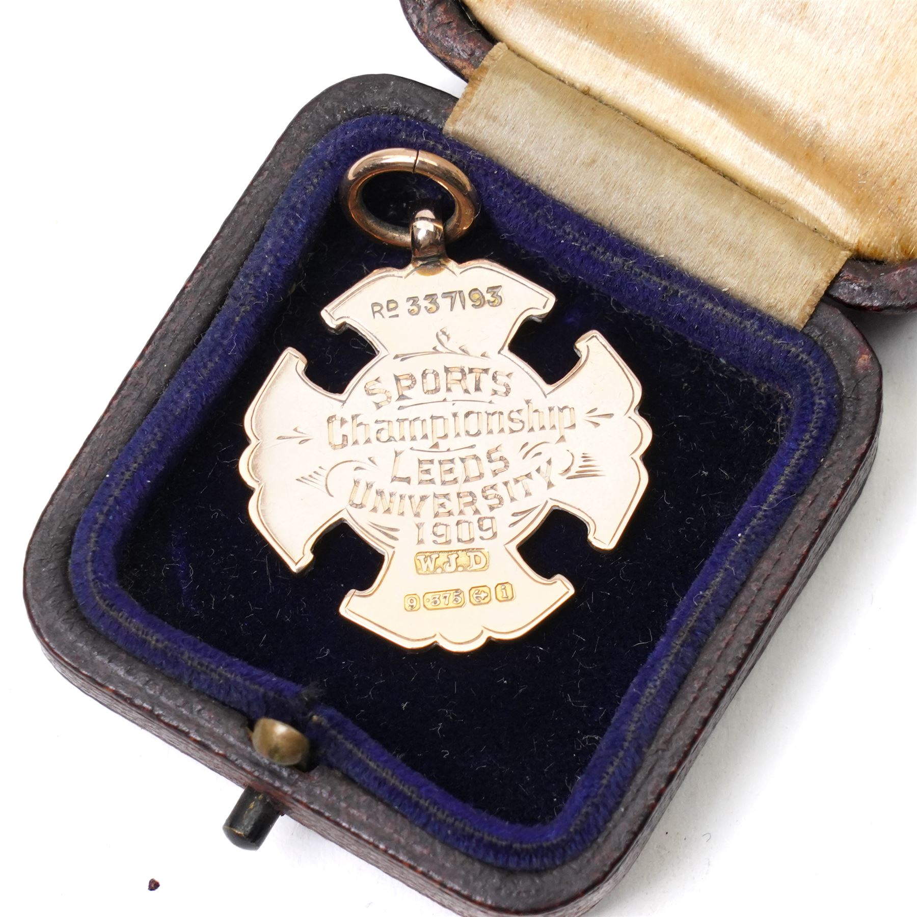 Four early 20th century 9ct gold sporting fob medallions, awarded to John Barugh Fisher (1888-1924) born in Amotherby, studied at Leeds University and became doctor in 1911, later Captain John Barugh Fisher R.A.M.C., three cased
