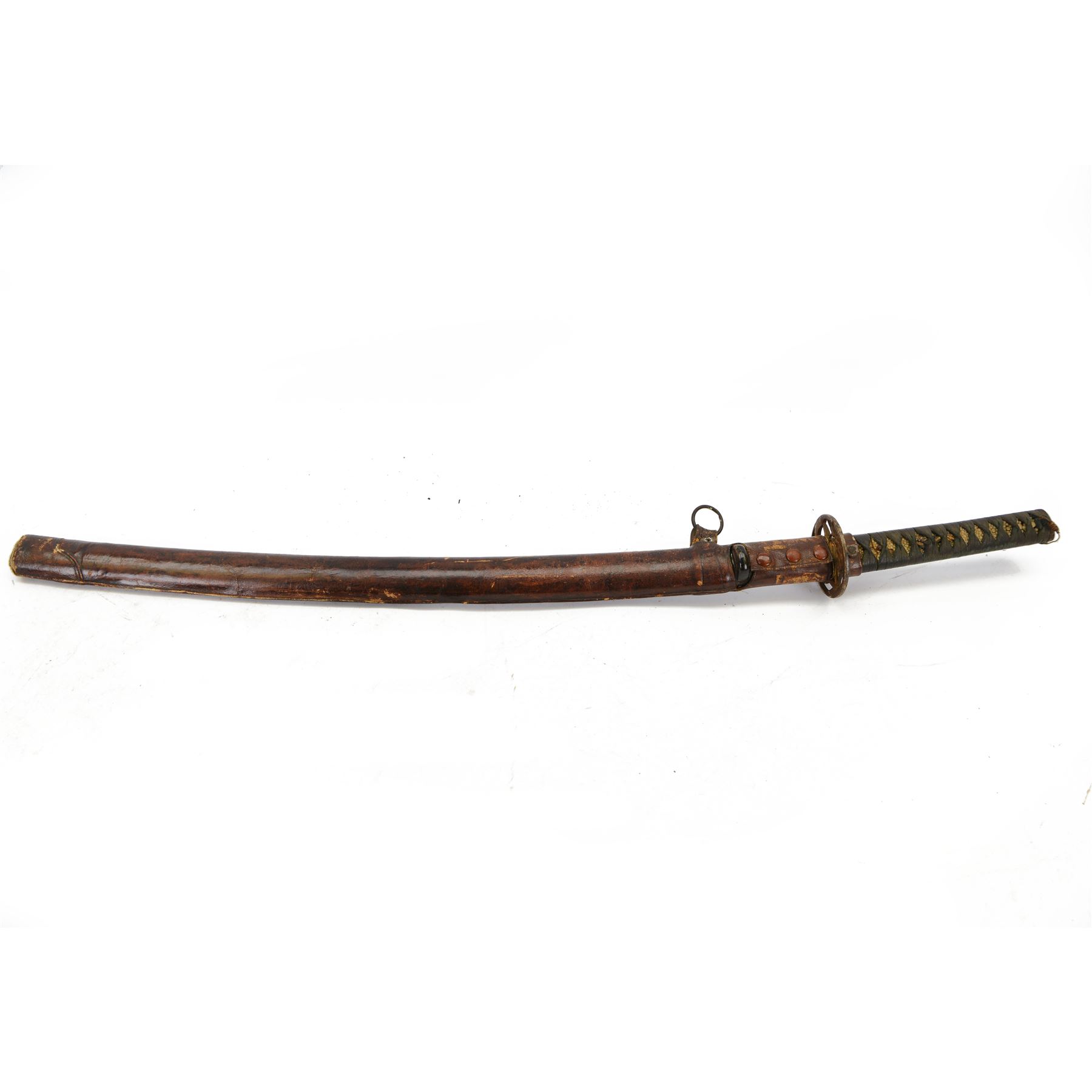 Japanese Army Officers Gunto Sword,  with 64cm steel single edged blade, bronze tsuba and wrapped fish skin grip, in leather scabbard overall L87cm