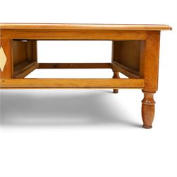 Wesley Barrell - French cherry wood coffee table, rectangular top inlaid with a geometric cross design, stone inlay with two frieze through drawers and metal drop handles, on short turned supports