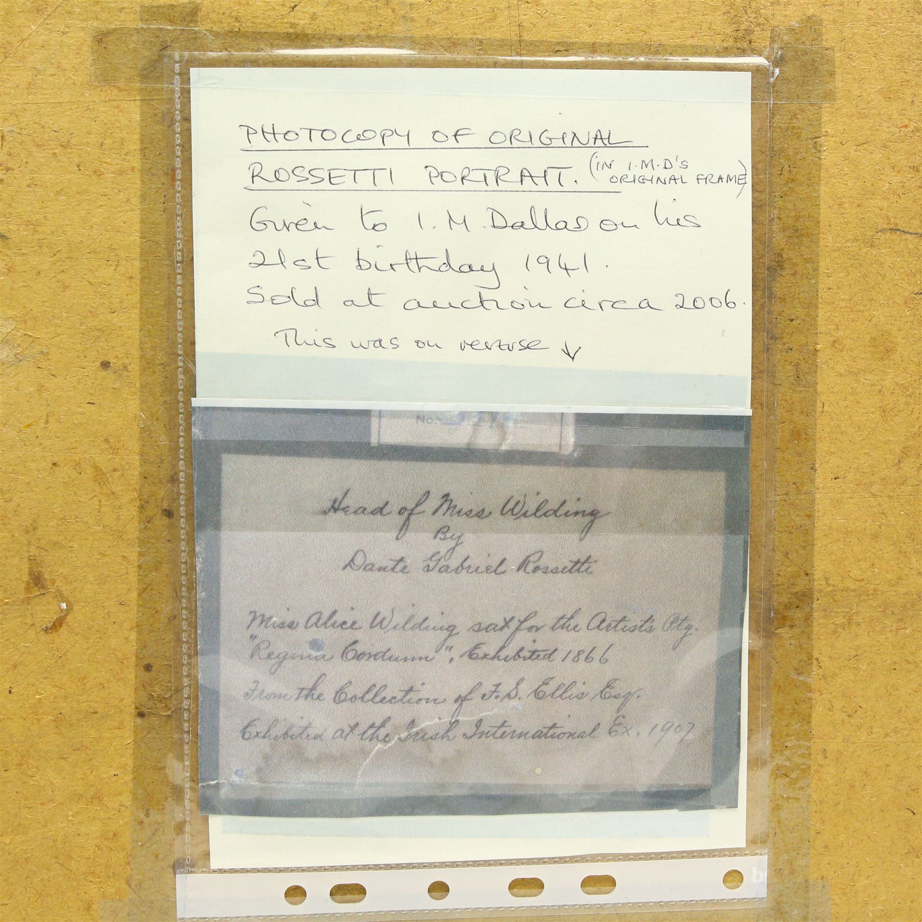 After Dante Gabriel Rossetti (British 1828-1882): Portrait of Alexa Wilding, colour print signed in the plate 44cm x 36cm
Notes: this frame held the original painting this print is after - it was held within this frame from its purchase in 1941 until it was sold at Sotheby's auction (12 July 2007, lot 14) when it was removed.