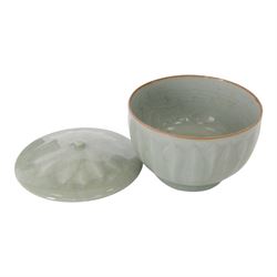 Celadon longquan lidded bowl with lotus decoration, together with another lidded jar with elephant finial, tallest H15cm 