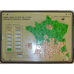  Wall mounting sectional plastic plan of French Regional Post Offices, in the form of raised numbered divisions with French text and locking hinged perspex cover 53 x 76cm  
