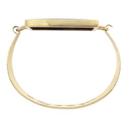 9ct gold rectangular Whitby jet, wide bangle by C W Sellors, Sheffield 1996