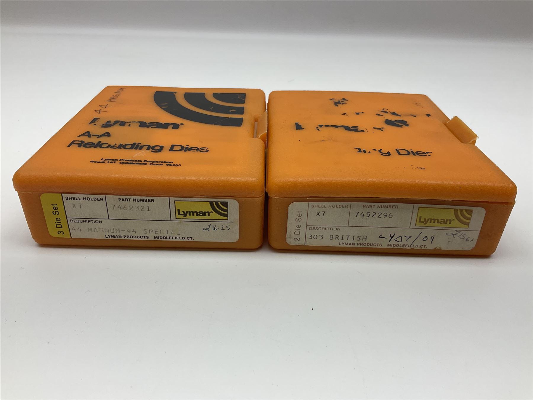 Two sets of reloading dies by Lyman comprising .303 British and  .44 Magnum; both in original boxes with paperwork