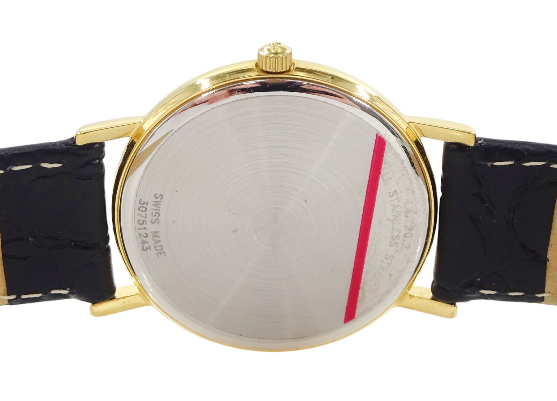 Longines gentleman's gold-plated and stainless steel quartz wristwatch, Ref. L4.720.2, white dial with baton hour markers and date aperture, on original black leather strap and gilt buckle, boxed with guarantee card dated 2005
