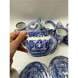 Spode Italian pattern tea service, comprising teapot, milk jug, open sucrier, six cups and saucers, two coffee cans and saucers, six dessert plates, four mugs and a sandwich plate (30) 