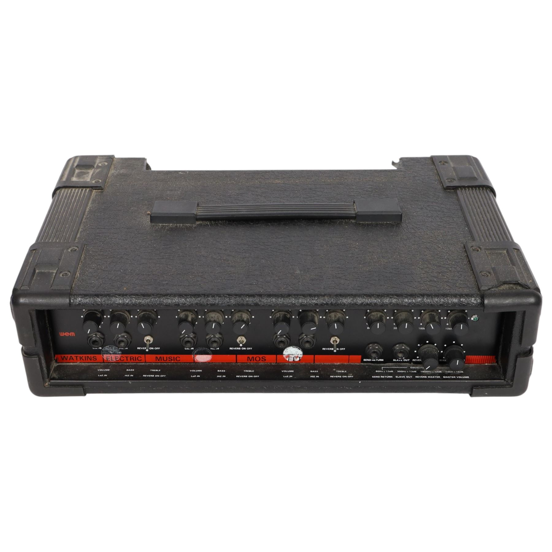 Nine Watkins WEM Song Bird Accordion amplifiers and speakers, including three Silver Songbird Full Range speakers, two Song Bird 200 amplifiers, two WEM amplifier heads and two Song Bird 200 speakers, largest H50cm 