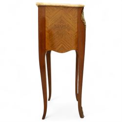 Pair of Louis XV style kingwood and marquetry bedside cabinets, the serpentine sienna marble top above two bombe fronted drawers with rococo style bronze handles and masks on slender cabriole legs terminating in bronze sabots  