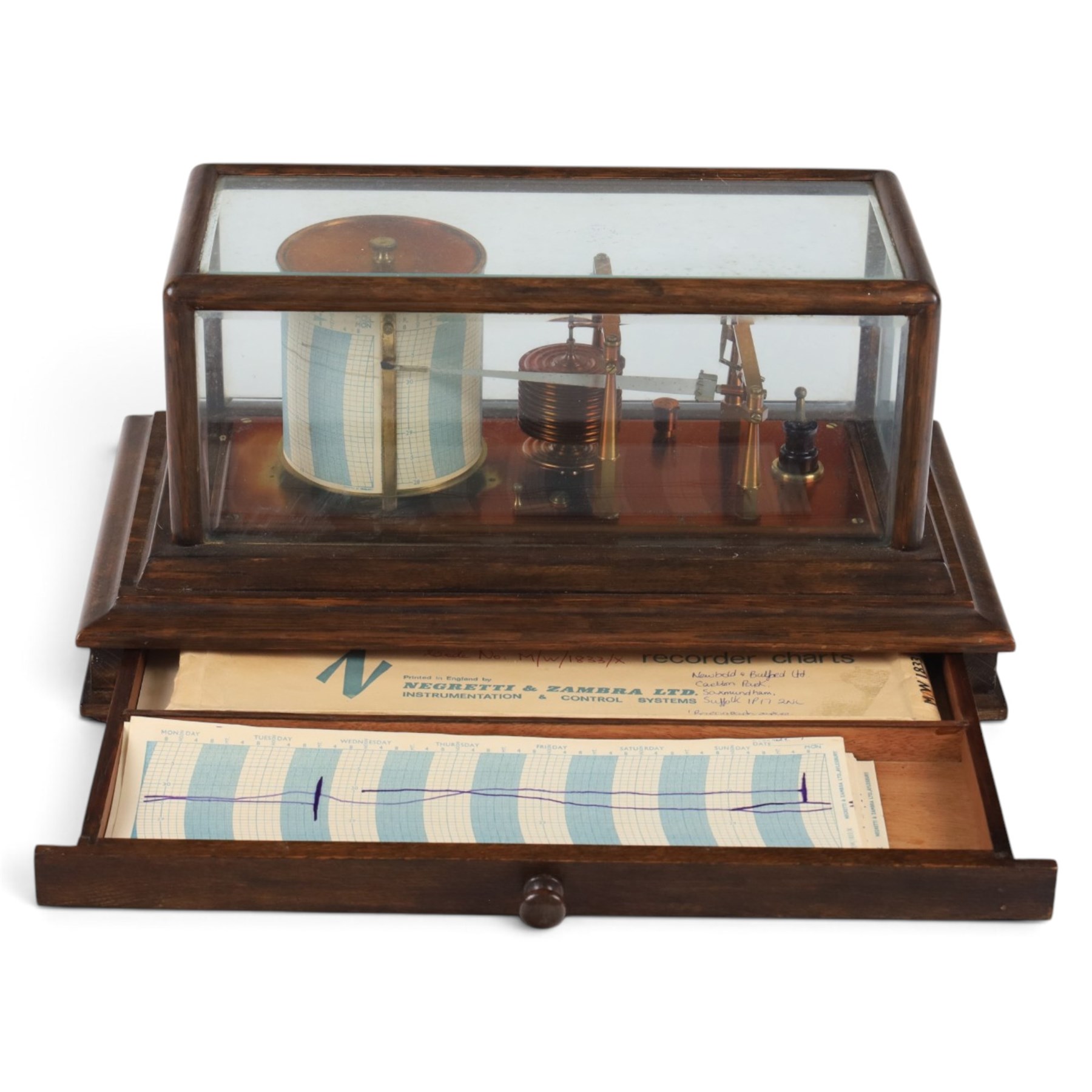Mid-late 20th century Negretti & Zambra 'Regency' barograph, in oak case with five bevelled glass panels and single drawer beneath, case H20cm, W42cm