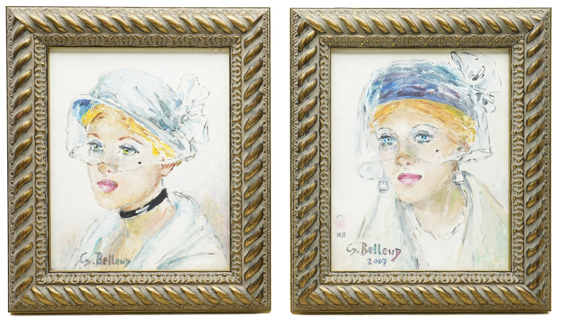 Gisèle Belleud (French 1921-2019): Portrait of an Art Deco Lady with a Veil and Beauty Spot, pair oils on canvas signed and one dated 2007, inscribed verso 26cm x 21cm (2)
