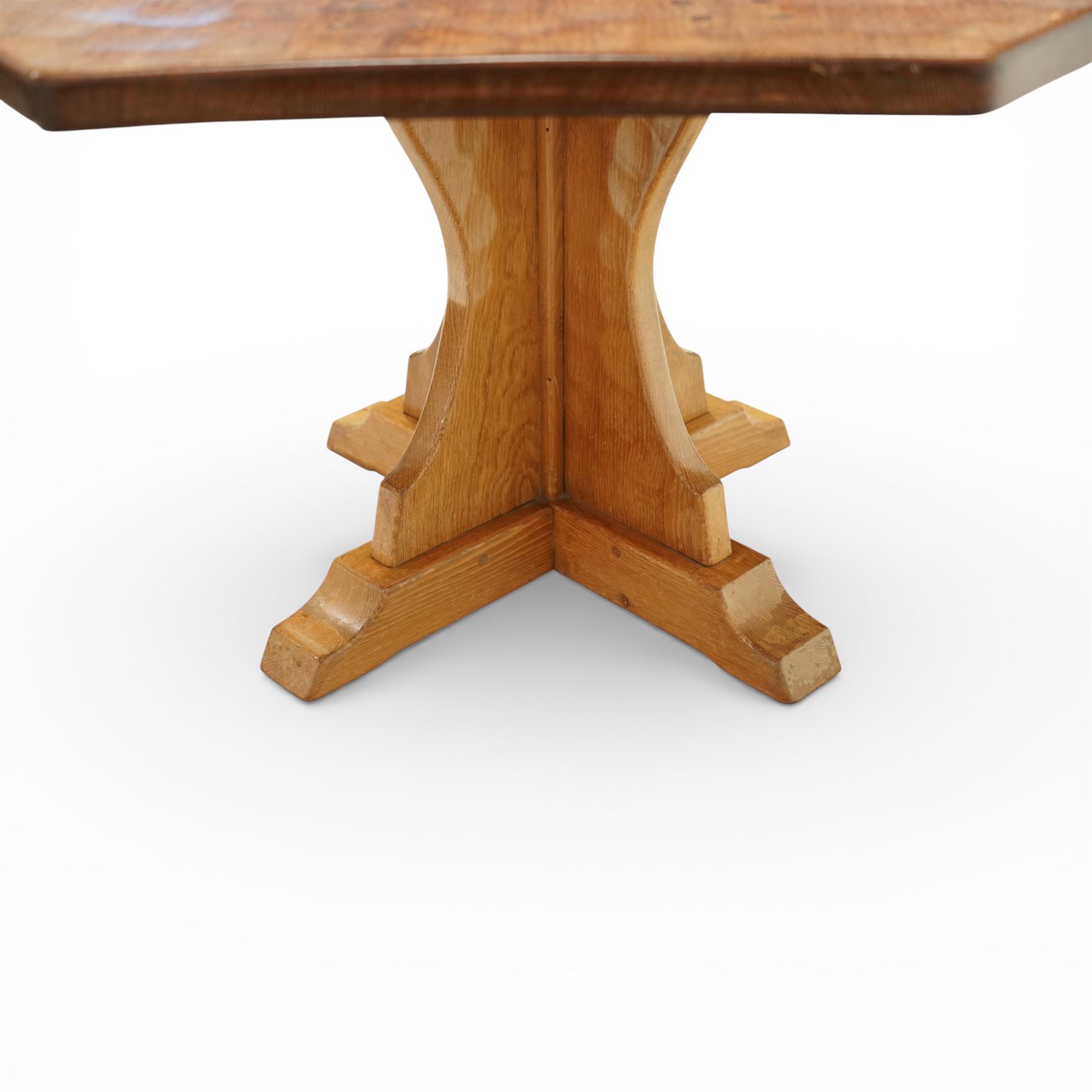 Sid Pollard of Thirsk - octagonal oak adzed dining table, with curved edges on a quatriform base