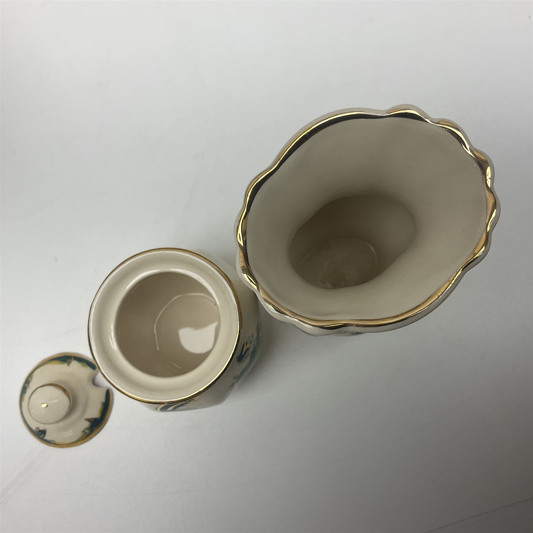 Collection of Masons Ironstone Chartreuse pattern, to include clock, six teacups, twin handled dish, ring dish, plates vases, etc, many with original boxes, clock H24cm 