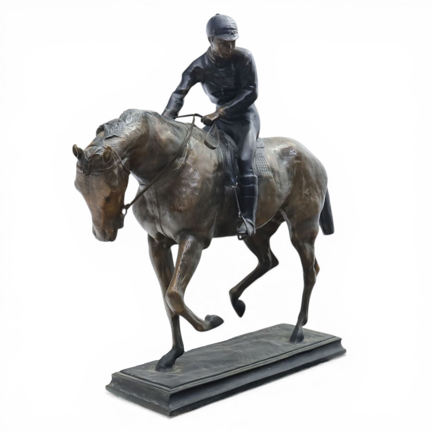 After Isidore Jules Bonheur (1827-1901), bronze figure of a jockey on horseback, upon a rectangular base, signed Bonheur, H88cm