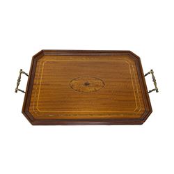 Wooden twin handled tray with inlaid decoration, L62cm