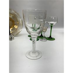  Air twist stem wine glass engraved with York Minster, H17cm, together with set of four late 20th century hock glasses with green stem, other coloured glass vases etc