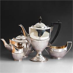 Victorian silver four piece tea service, comprising coffee pot, teapot, twin handled open ...