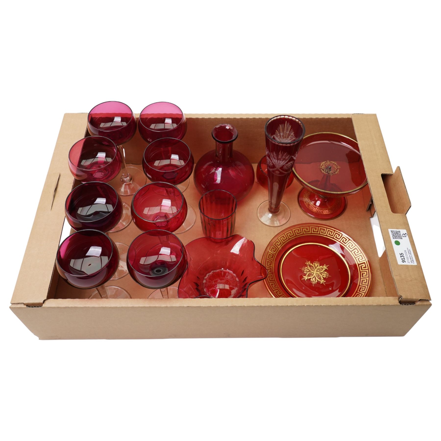 Cranberry glass small tazza with gilt decoration, similar plate, etched vase and other cranberry glass items