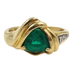 Gold green stone set ring, with diamond set shoulder, stamped 10K