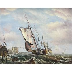 Ambrose (20th century): Ships off a Jetty, oil on board signed 40cm x 50cm