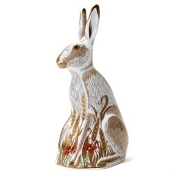 Royal Crown Derby 'Midsummer Hare' paperweight, with gold stopper, boxed, H17cm 