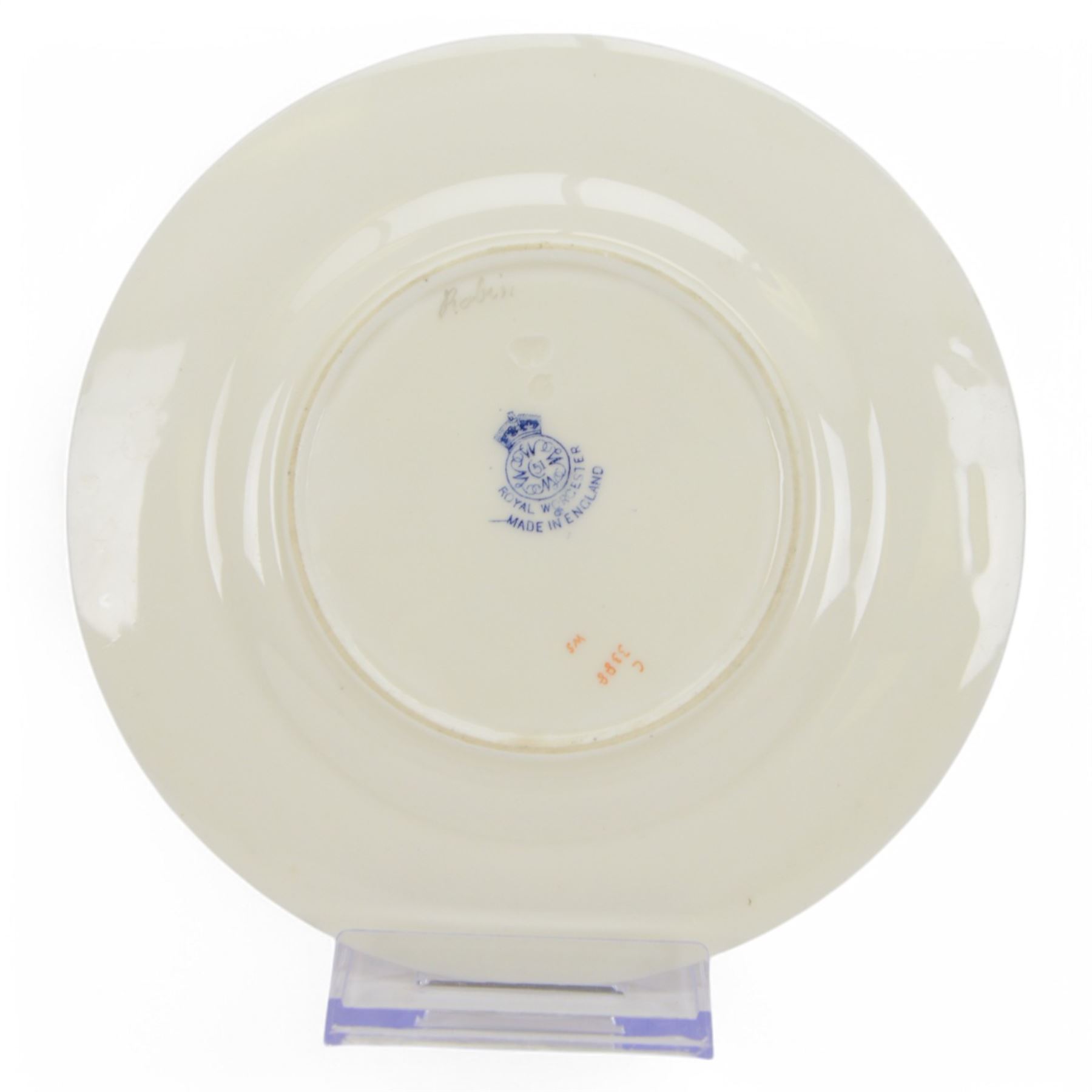 Four Royal Worcester hand painted ornithological plates, by W Powell, painted with a 'Chaffinch', 'Robin' 'Swallow' and 'Grasshopper Warbler', each named verso and bearing printed mark, D15cm 