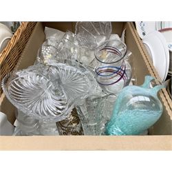 Set of four contemporary Mosa Holland tiles, three further tiles, Grayshott pottery clock, motto ware teacup and saucer, jug and mug, Royal Albert Old Country Roses, Chinese mud men figures, Spode etc and Quantity of ceramics and glassware to include art glass vase, Royal Grafton, Royal Doulton and Colclough dinner wares, Poole, copper lustre, vases etc in six boxes