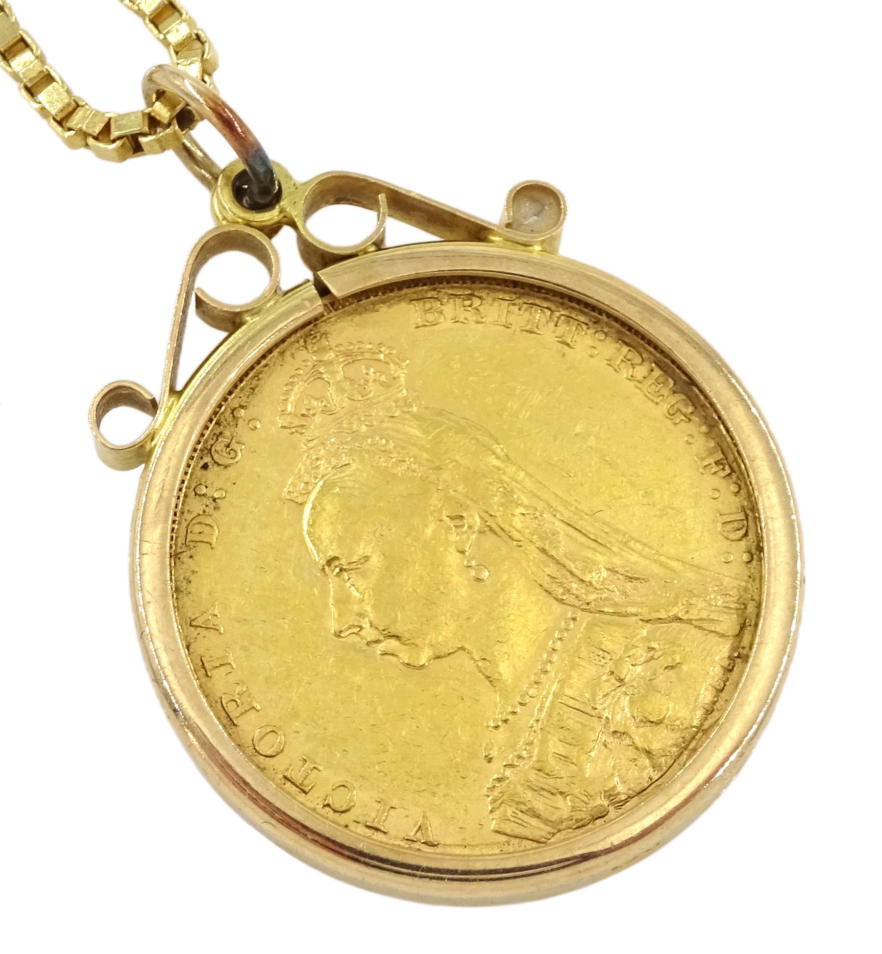 Queen Victoria 1888 gold full sovereign coin, loose mounted in 9ct gold, on 18ct gold box link chain, stamped 750