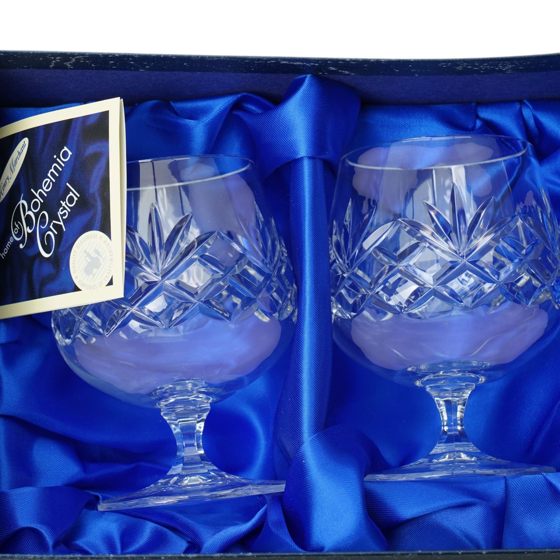 Set of six Henry Marchant crystal brandy glasses and six whisky tumblers, boxed