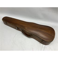 French violin for restoration with 36cm two-piece maple back and ribs and spruce top, bears label 'Lutherie Artistique M. Couturieux'; in wooden case; two modern three-quarter size violins in cases; and five violins for spares or repair