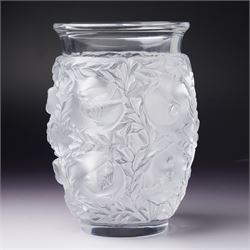 Lalique 'Bagatelle' frosted glass vase, decorated with sparrows in a hedge, marked Lalique...