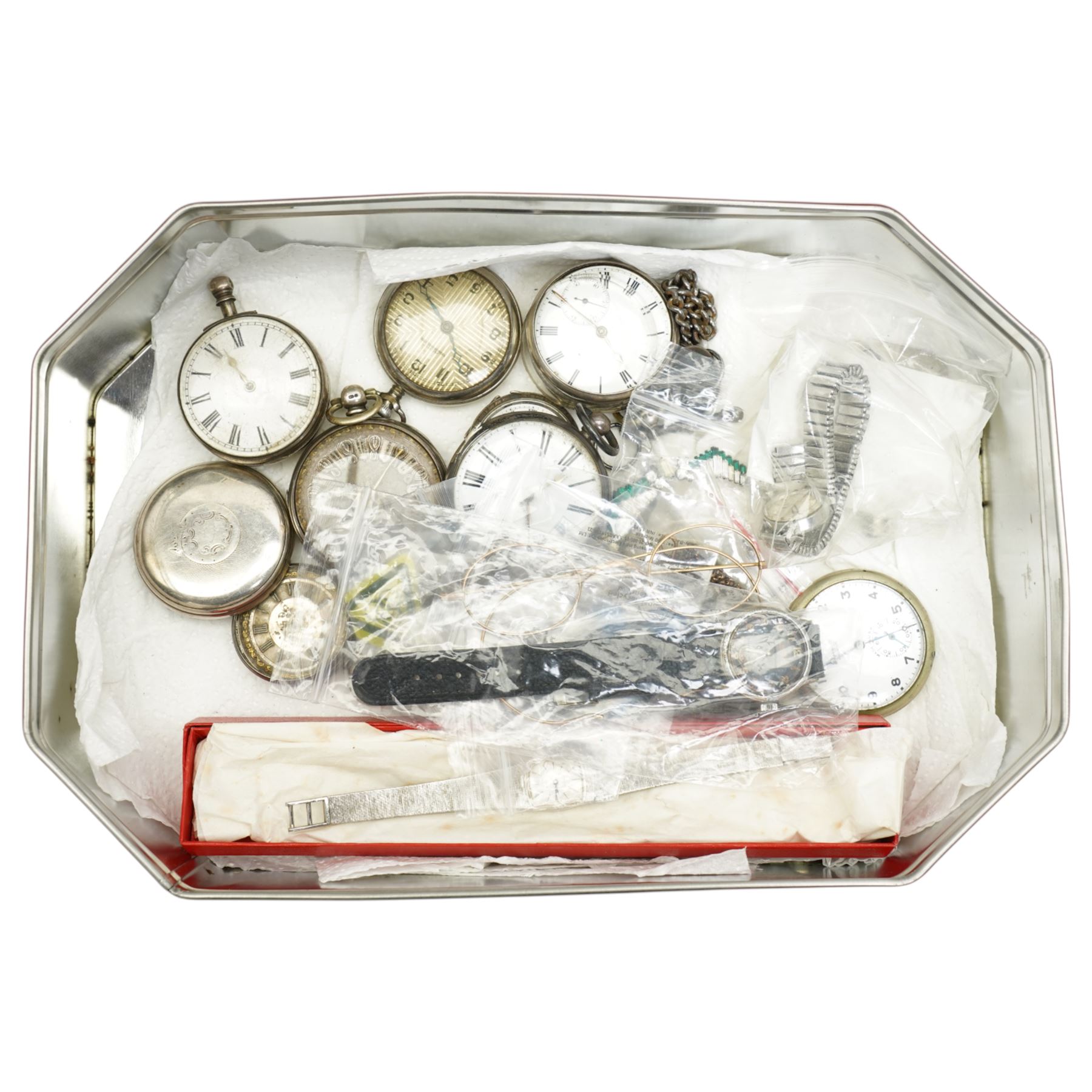 19th century silver verge fusee pocket watch and a collection of silver and nickle pocket watch, silver wristwatch and other costume jewellery