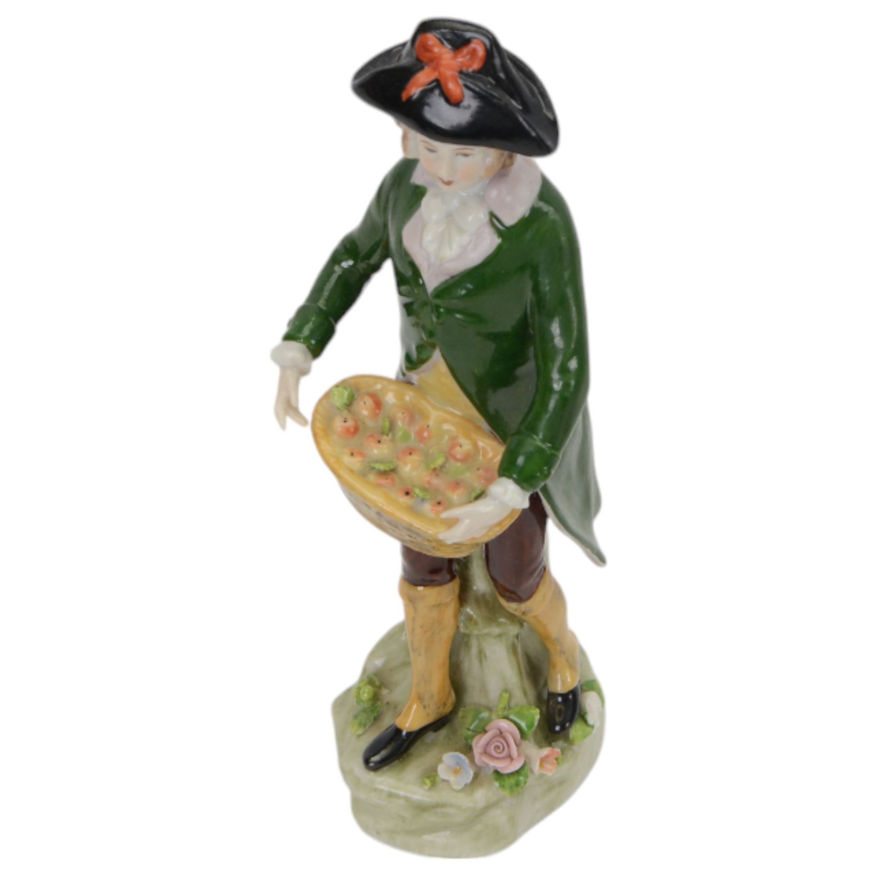 Sitzendorf figure modelled as a shepherdess, together with pair of apple sellers and other continental figures