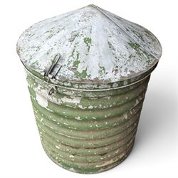 Galvanised storage drum with cover, of ribbed design in rustic green-painted finish