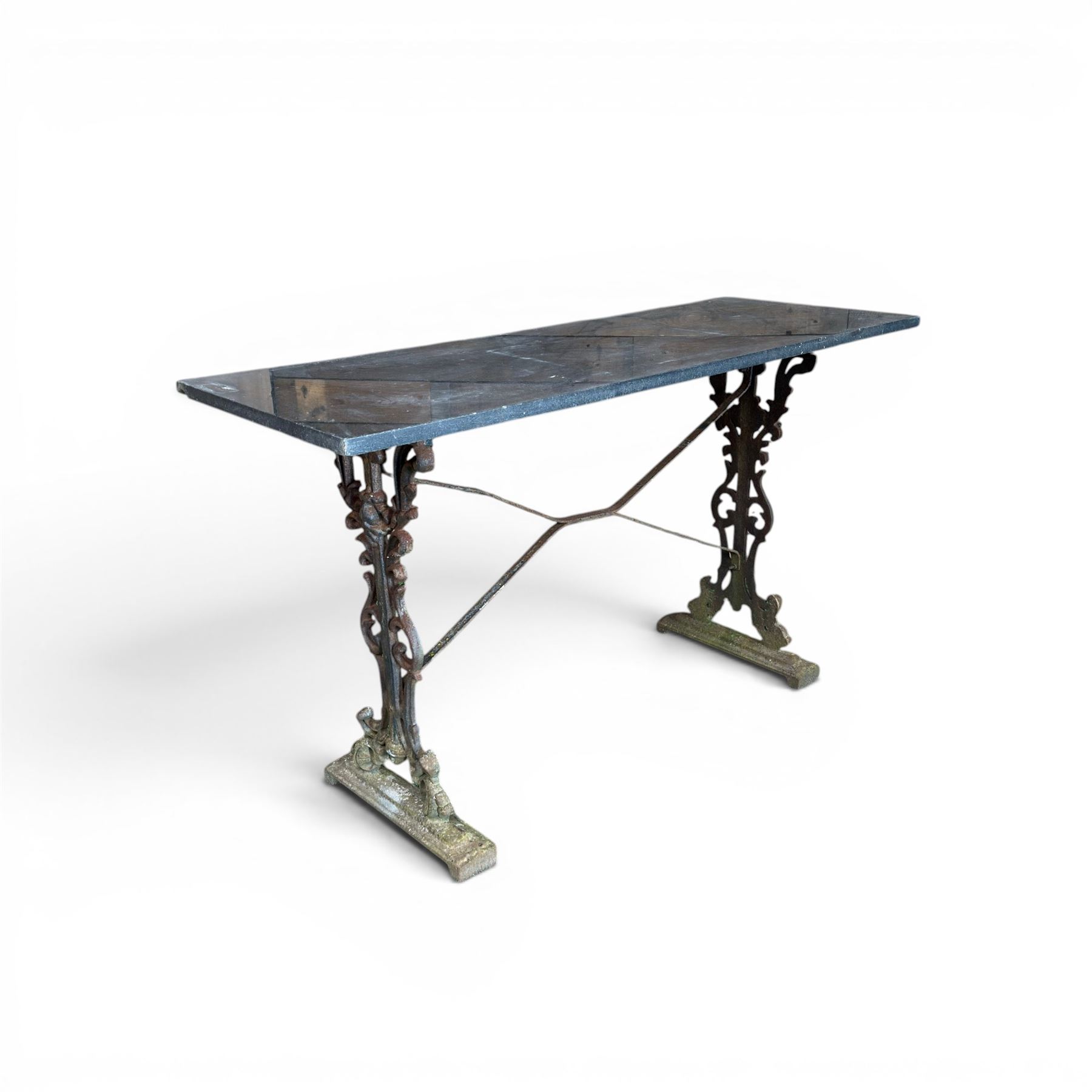 Edwardian ornate cast iron garden table, later rectangular granite top