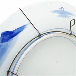 Japanese charger decorated in blue and white with peacock, flowers etc D46cm