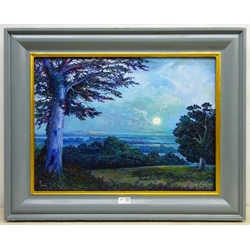 Bruce Kendall (British Contemporary): 'Moonlight over the Howardian Hills', oil on board signed, titled verso 44cm x 60cm