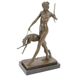 After Edward McCartan, Art Deco style bronze figure, Diana and the Hound upon a marble base, signed and with foundry mark, H31cm