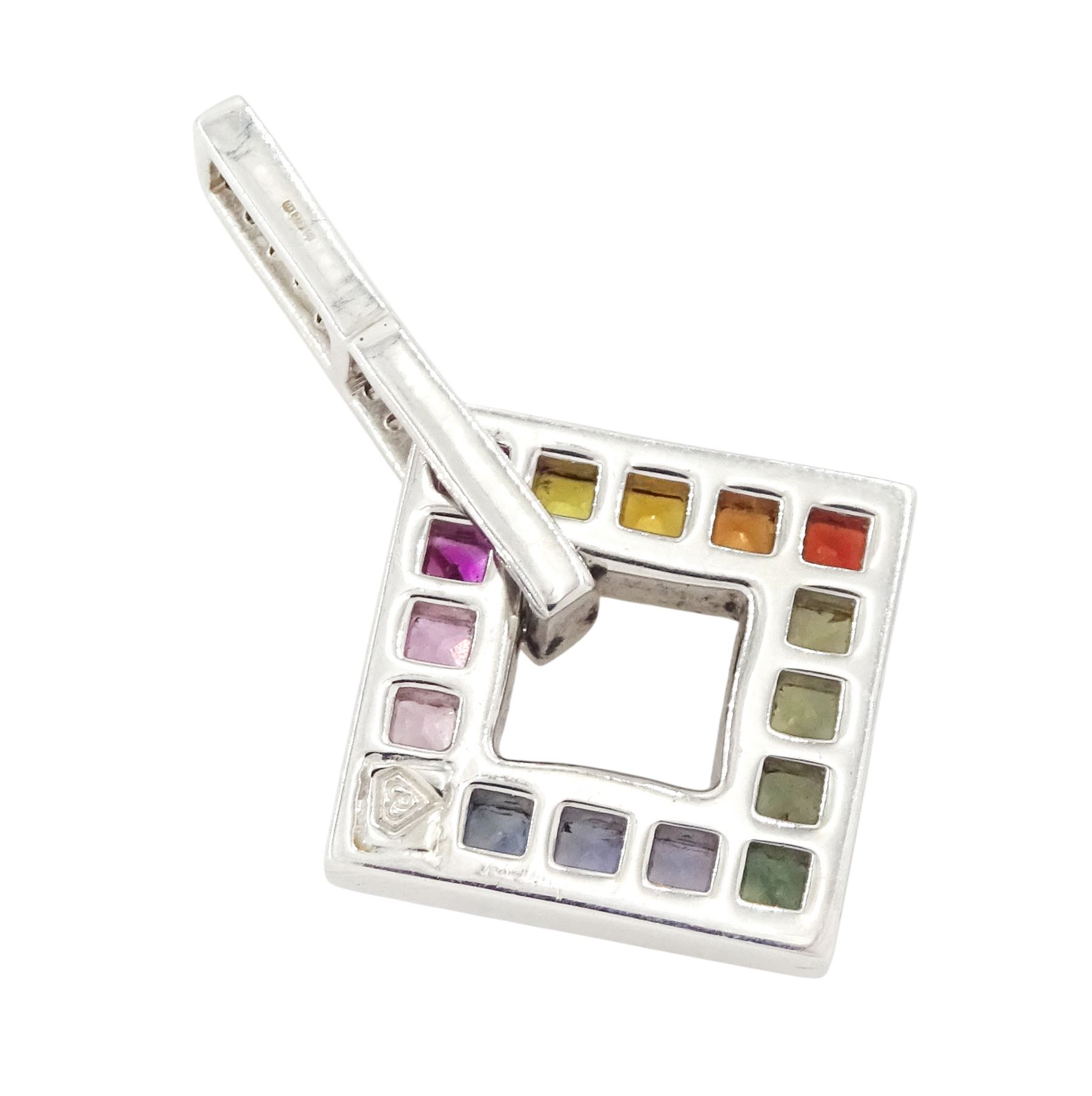 9ct white gold rainbow sapphire and diamond square pendant, channel set with sixteen square cut fancy coloured sapphires, to a round brilliant cut diamond bail, hallmarked