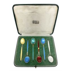 Mid-century cased set of six David Anderson guilloche and gilt coffee spoons, with enamelled bowls and handles stamped 'D.A', scales mark, '9255', 'Norway' and 'Sterling'