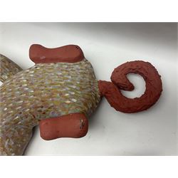 Helen Skelton (British 1933 – 2023): Two carved wooden abstract sculptures, one modelled as a dog, the other modelled as a bear, both with painted stippled decoration, largest H20cm. Born into an RAF family in 1933 in Kent and travelled the world extensively during her childhood. After settling in Bridlington, Helen immersed herself in painting, textiles, and wood sculpture, often inspired by nature's beauty. Her talent was showcased in a one-woman show at Sewerby Hall and recognised with the sculpture prize at Ferens Art Gallery in 2000. Sadly, Helen’s daughter passed away from cancer in 2005. This loss inspired Helen to donate her sculptures to Marie Curie upon her passing in 2023.