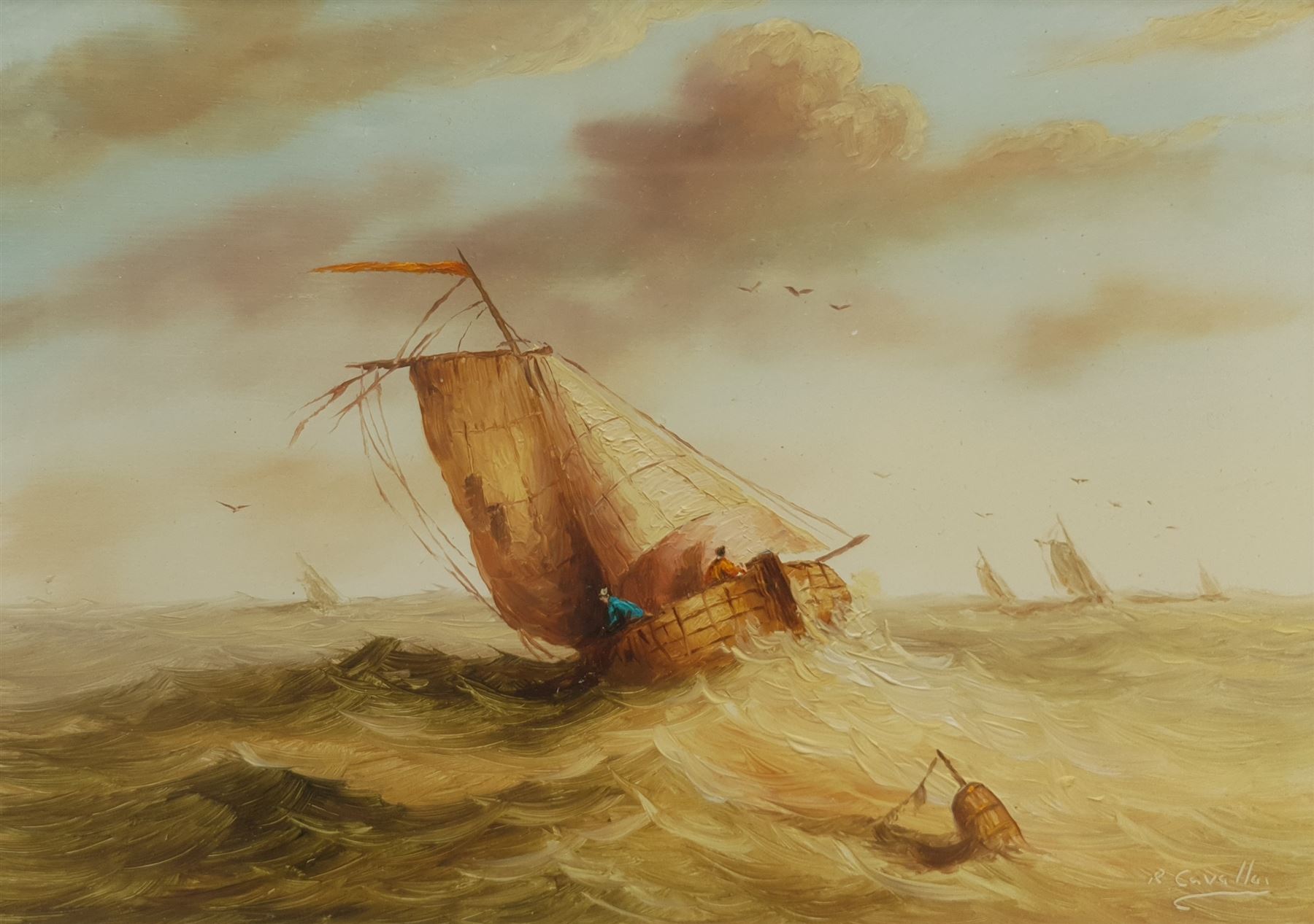 Ronald Cavalla (British 1940-): Fishing Boats in Heavy Sea, oil signed 9cm x 13cm