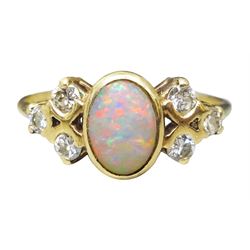 9ct gold opal and six stone round brilliant cut diamond ring, hallmarked