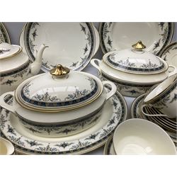 Minton Grasmere pattern dinner and tea service, including six dinner plates, six side plates, six dessert plates, six bowls, two covered tureens, teapot, six tea cups and saucers, milk jug, open sucrier, six coffee can and saucers, etc (63)