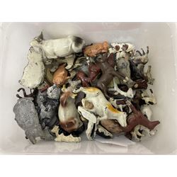 Large quantity of playworn 1950s Britains and other lead figures including farm and zoo animals, horse drawn carts, fencing etc